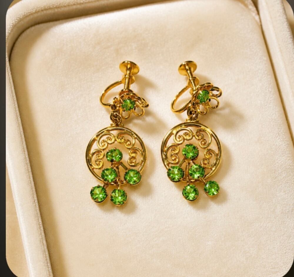 Vintage Filigree Chandelier Earrings — Peridot Green Rhinestone Drop Screw Backs